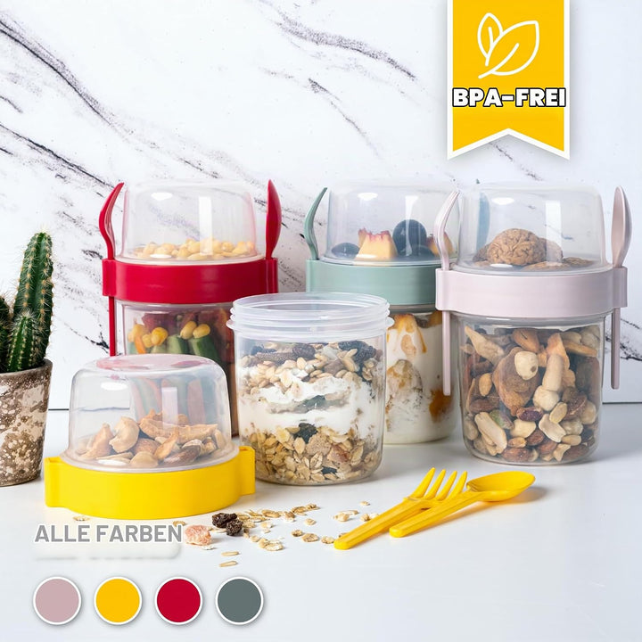 spar-home Müslibecher To Go – 4er Set Joghurtbecher To Go mit Löffel und Gabel Müsli To Go Becher 60