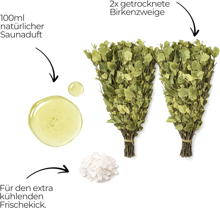 Banja-Set für Sauna | 2x Birkenquasten + Saunaaufguss Sibirische Birke + Mentholkristalle | Für trad