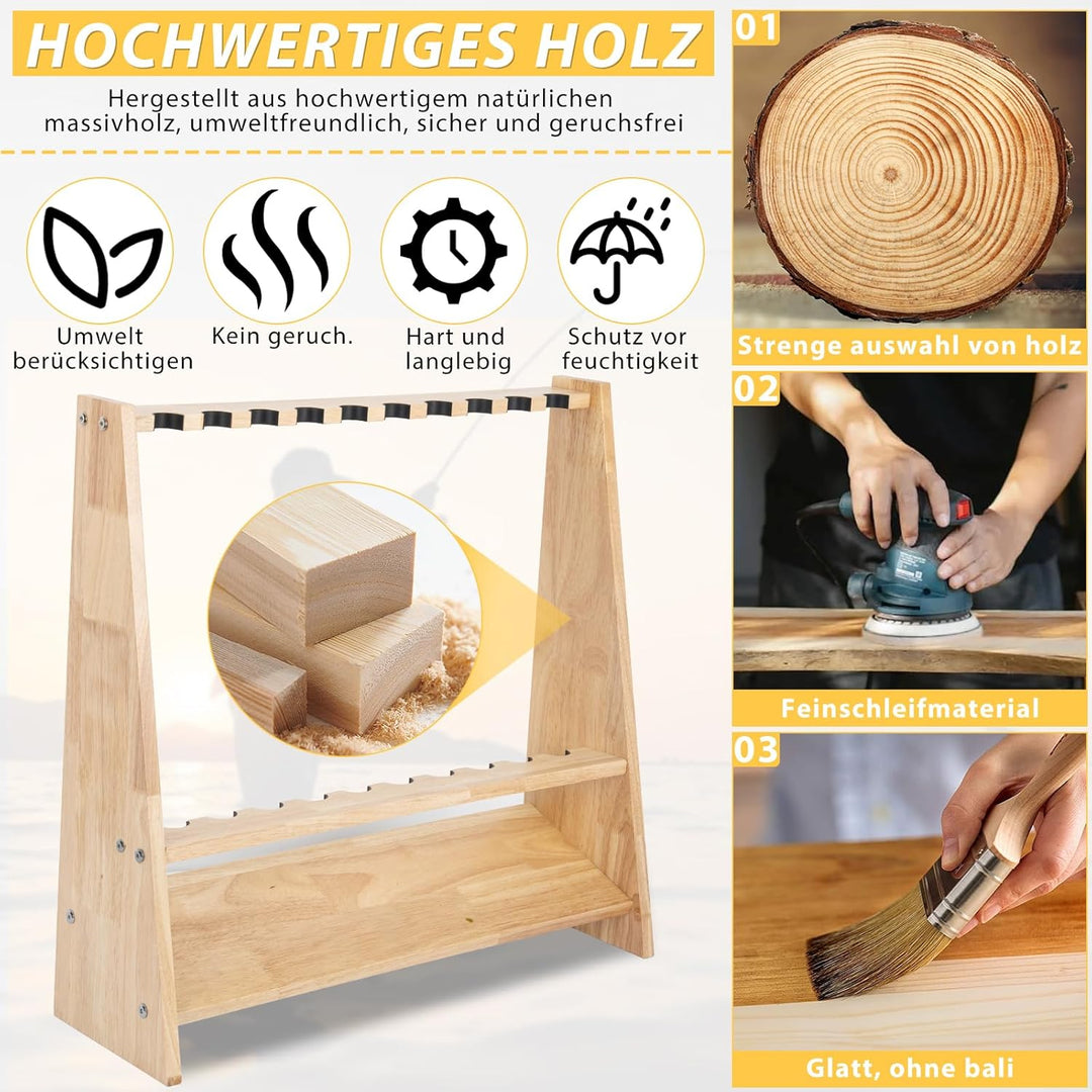 Rutenständer für 10 Angelrutenhalter aus Holz mit Montagezubehör 60 x 18 x 58 cm Originalholz, Ständ