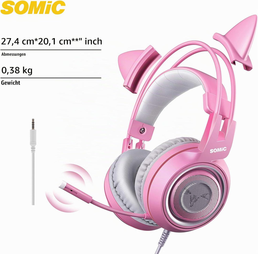 Somic G951S Rosa Gaming-Headset mit Mikrofon, Mädchen Frauen Rosa Katze Ohr-Kopfhörer mit 3,5-mm-Kab