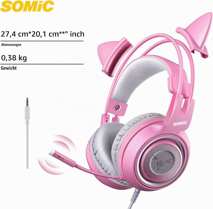 Somic G951S Rosa Gaming-Headset mit Mikrofon, Mädchen Frauen Rosa Katze Ohr-Kopfhörer mit 3,5-mm-Kab