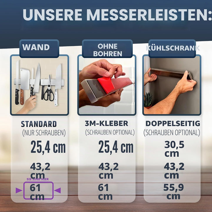 Premium 61cm Magnetleiste Messer für Wand (Grosse Grösse) - Extra Starker Messerhalter Magnetisch -