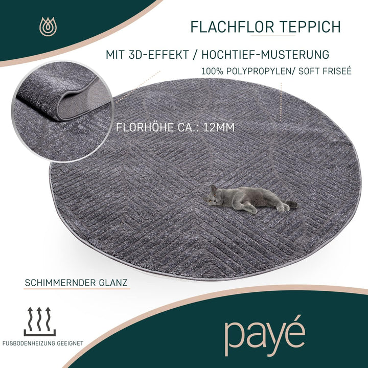 payé Teppich Rund Kurzflor - 120x120cm - Grau - Einfarbig Uni Geometrisch Wellen Muster Modern Wohnz