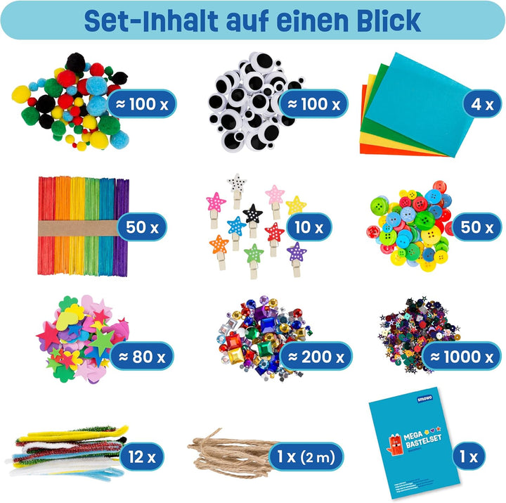 Smowo® Mega Bastelset Starterset - Bastelbox Mix - mit kreativen Bastelideen - Bunte Bastelbedarf Bo