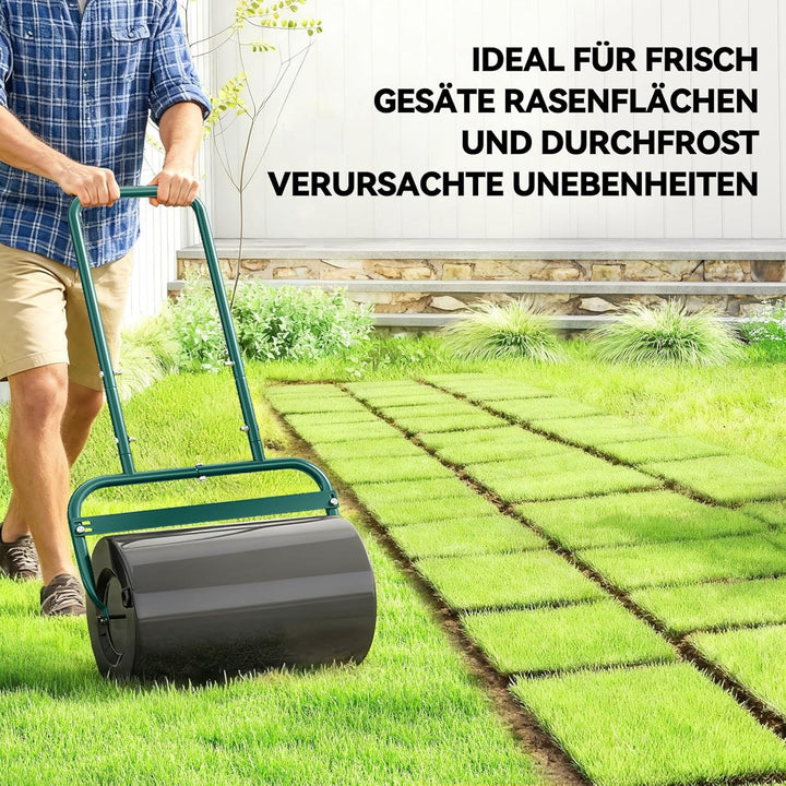 Outsunny Rasenwalze Gartenwalze befüllbar mit Wasser oder Sand, 50cm Breite Handwalze mit U-Griff, 3
