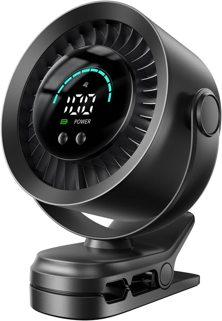 KIMMOO Clip-Ventilator Wiederaufladbar, 100 Stufen USB-Tischventilator mit LED-Display, 360° Rotatio