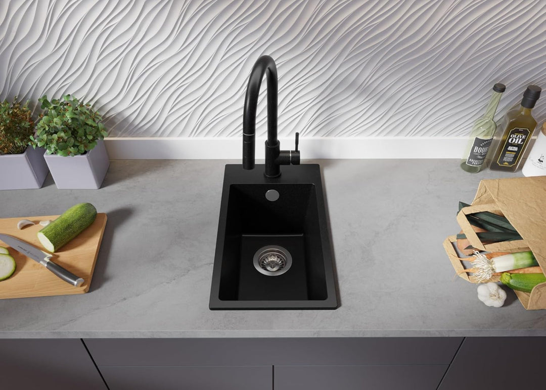 PRIMAGRAN Spülbecken Schwarz 28x50cm, Granitspüle 1 Becken + Ablauf-Set, Küchenspüle ab 30er Untersc