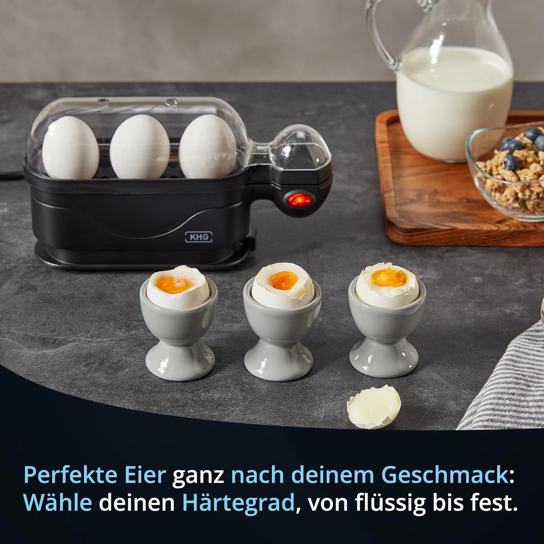 KHG Eierkocher | für 3 Eier, Aluminium Schwarz | mit Warmhaltefunktion im modernen Design sehr einfa