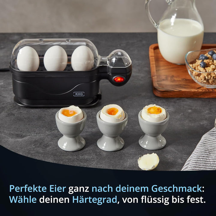 KHG Eierkocher | für 3 Eier, Aluminium Schwarz | mit Warmhaltefunktion im modernen Design sehr einfa