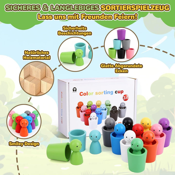 Montessori Spielzeug ab 3 Jahr, Holz Sortier Stapelsteine Spielzeug, 12 Kugeln Regenbogen Holzkugeln