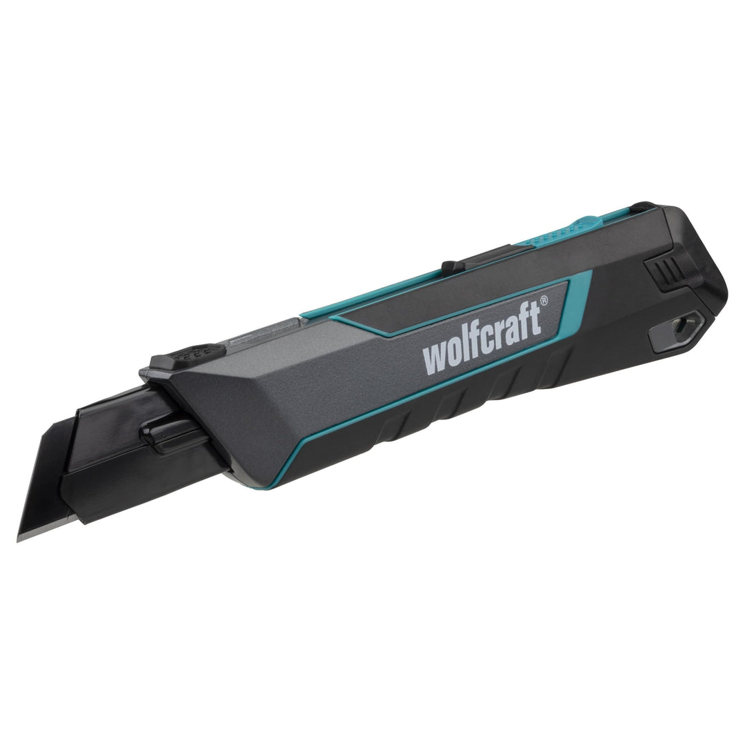 wolfcraft Cuttermesser PRO SAFETY, 25 mm - mit optimale Ergonomie für Links- und Rechtshänder - Extr
