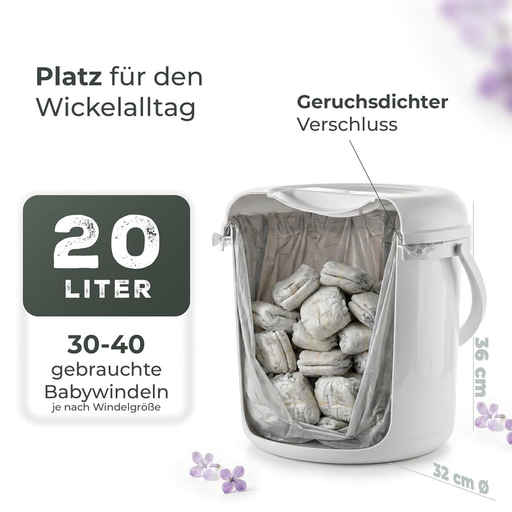 Novaliv Windeleimer geruchsdicht 20 L – grosser Windelmülleimer ohne Kassette mit Deckel &amp; Griff für