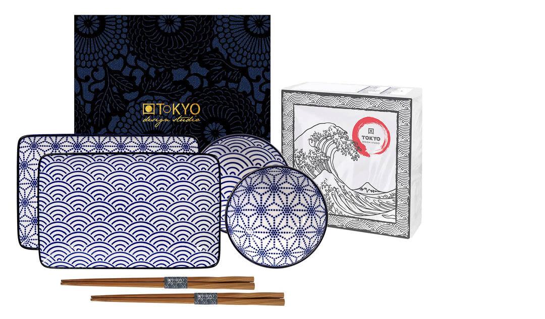 TOKYO Design Studio Nippon Blue Sushi-Set blau-weiss, 6-TLG., 2X Sushi-Platten 2X Saucen-Schalen, 2X