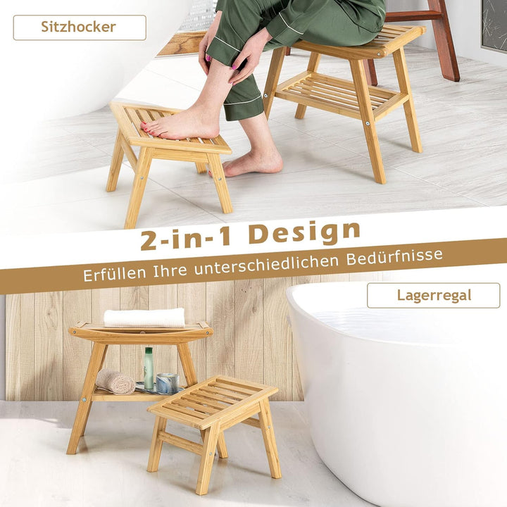 COSTWAY Duschbank mit Fusshocker, Duschhocker aus Bambus mit Ablagefach, Badhocker bis 150 kg belast