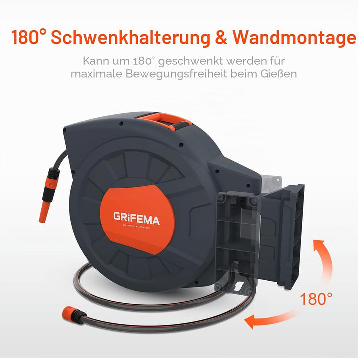 GRIFEMA G301-35, Schlauchtrommel zur Wandmontage, Schlauchbox mit 35m Schlauch, Wandschlauch-Aufroll