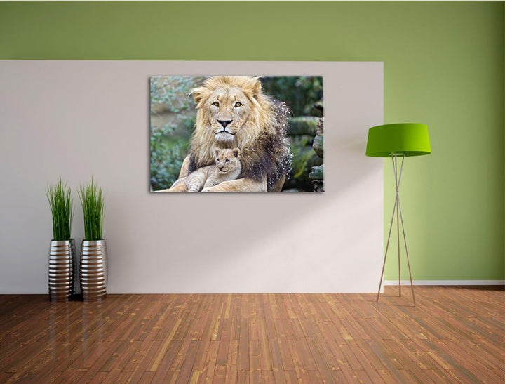 Pixxprint Löwe kuschelt mit Jungtier auf Leinwand, XXL riesige Bilder fertig gerahmt mit Keilrahmen,