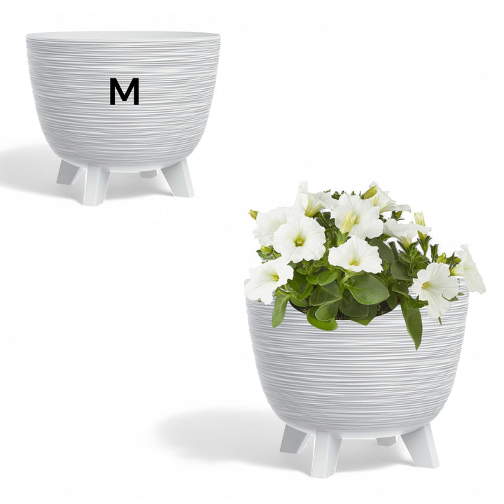 MELTOM Blumentopf mit Füssen aus Kunststoff Schale Rund Kräutertopf 3D Rillen (Weiss, M-29cm) M-29cm