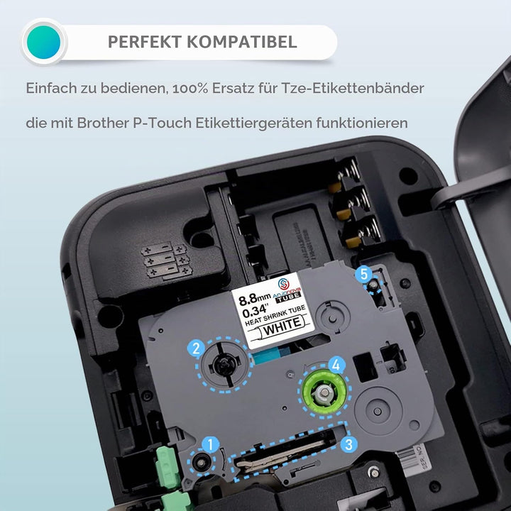 3X Kompatibel mit Brother P-Touch Schrumpfschlauch Hse-221 Hse221 8.8mm Schwarz auf Weiss Etikettenb