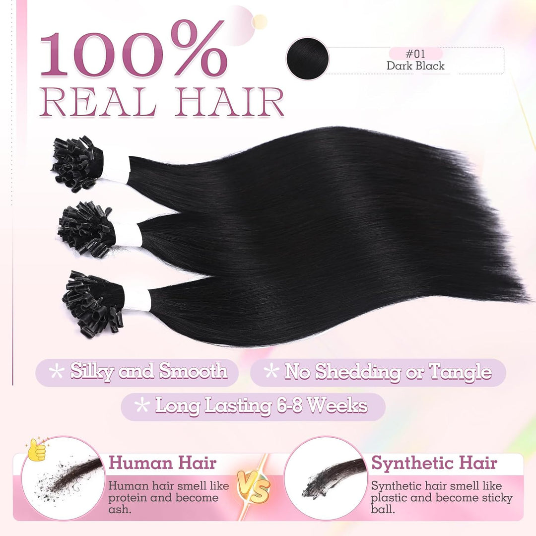 Elailite Bonding Extensions Echthaar Schwarz 25 Strähnen 25g Haarverlängerung Glatt U Tip Keratin Ha