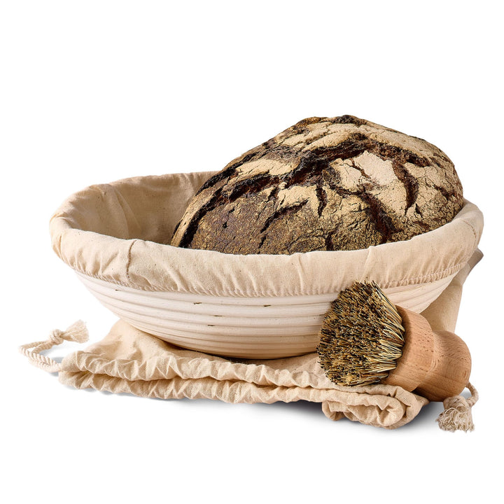 Praknu Gärkorb zum Brotbacken - Aus nachhaltigem Rattan - Rund - Set inkl. Bürste, Leineneinlage & B