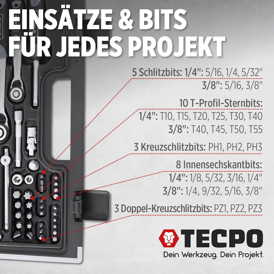 TECPO 300383 Zoll Werkzeug Satz Harley Steckschlüssel Nüsse Grössen Nuss Set Ratschenkasten
