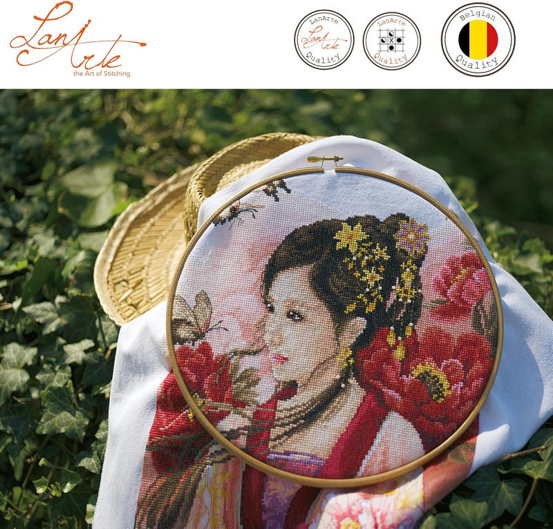 Lanarte Kreuzstichset Asiatische Frau in Pink, Kreuzstichpackung mit Zählmuster, Baumwolle, Mehrfarb