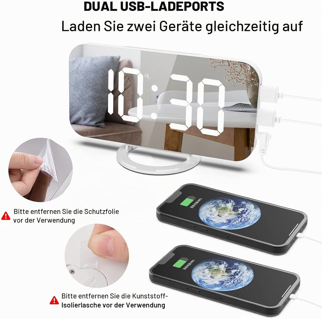 ThreeH Digitaler Alarm mit Dual-USB-Ladegerät Einstellbare Helligkeit Dimmer Snooze LED-Anzeige Weck