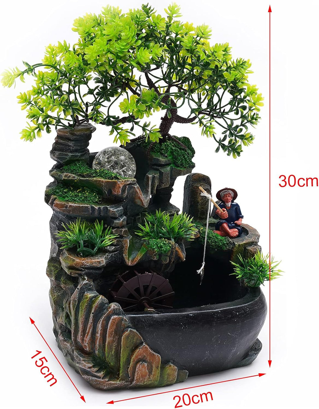 LED Zimmerbrunnen Tischbrunnen 30cm, Wasserfall Deko mit Pumpe | Harz Desktop Brunnen, 2,5W Wasserpu