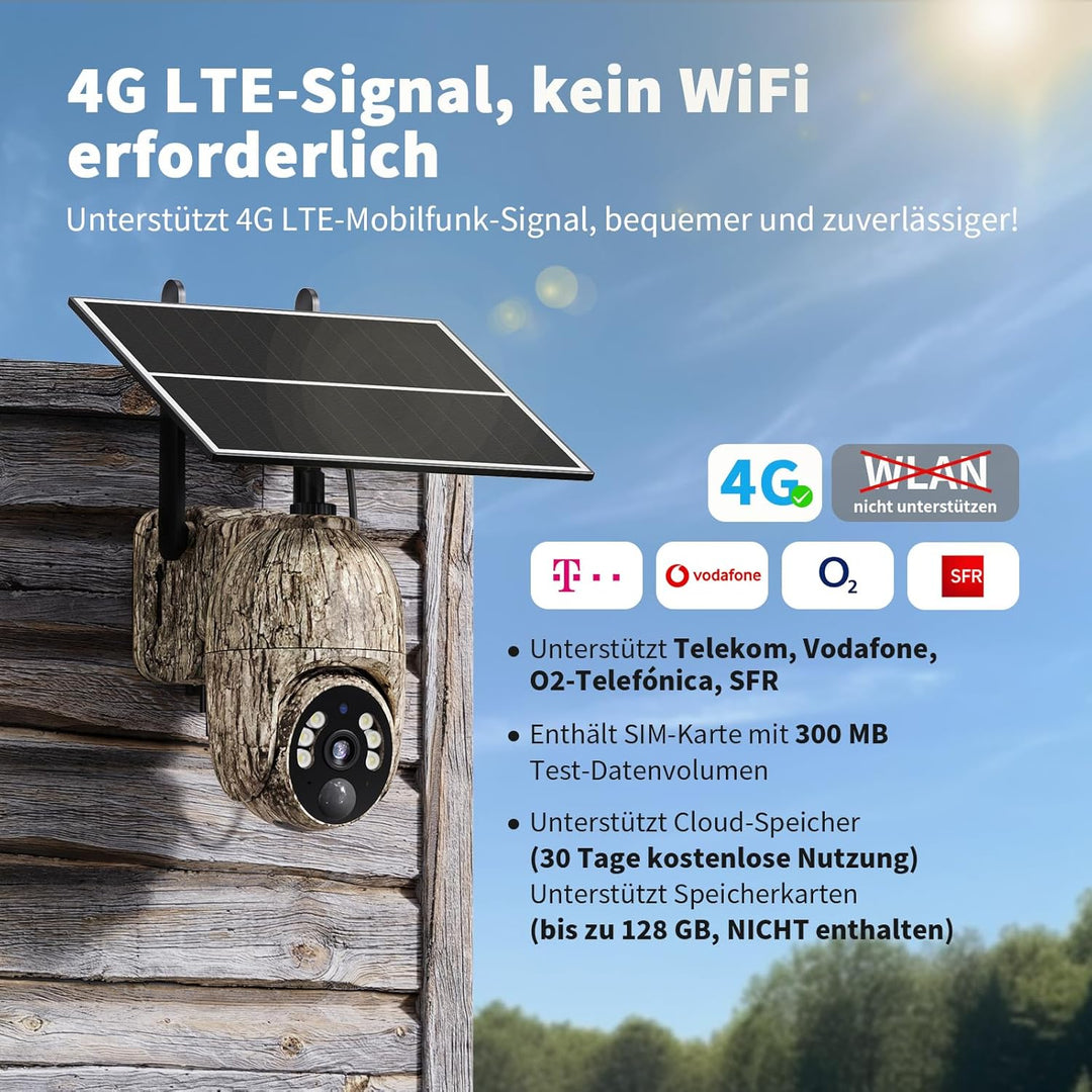 4G LTE Wildkamera mit SIM Karte, 2K Solar Wildtierkamera mit Handyübertragung App, Kabellos Überwach