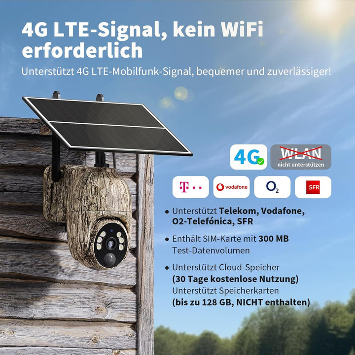 4G LTE Wildkamera mit SIM Karte, 2K Solar Wildtierkamera mit Handyübertragung App, Kabellos Überwach