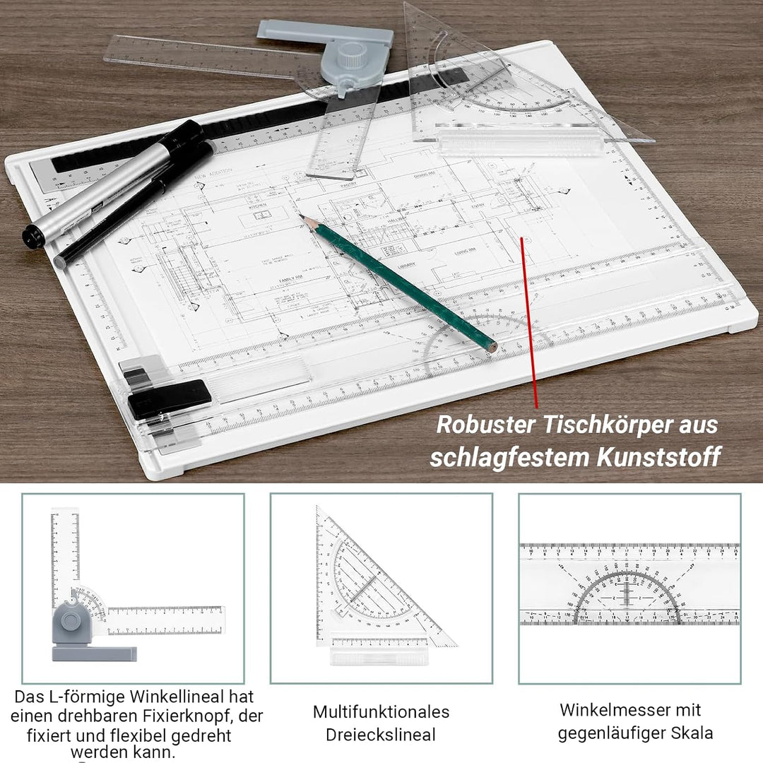 A4 Zeichenbrett, Multifunktional Geo-Board Zeichenplatte Din A4 professionell Zeichentisch mit L‑Win