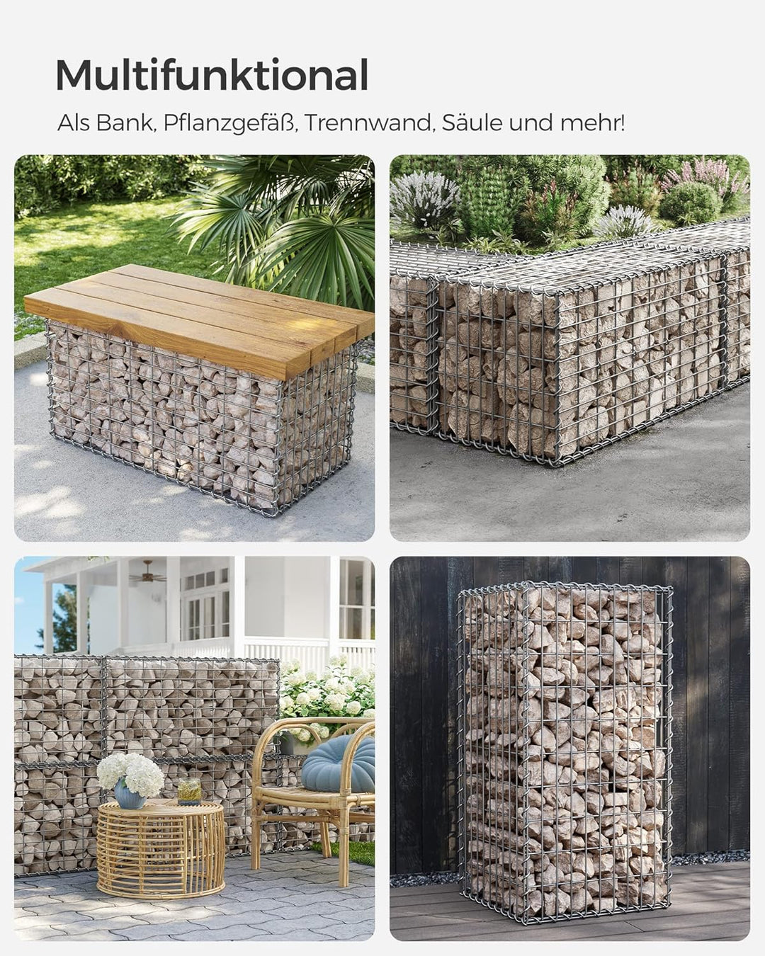 SONGMICS Gabionenkorb, Metall-Steinkorb mit 5 x 10 cm Maschenweite für Mauersteine, verzinkt, Steing