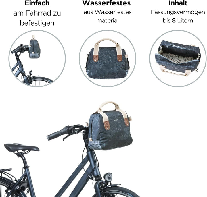 Basil Bohème Citybag KF – Lenkertasche – wasserabweisendes Polyester – inkl. KF Adapterplatte – 8 Li