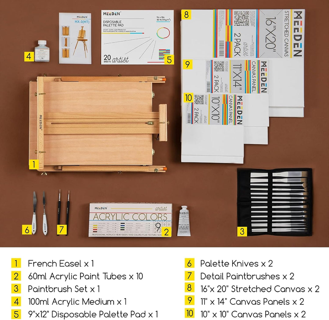 Meeden Staffelei Set, im französischen Sti, 15x100ml Acryl-Farben, Pinsel-Set, Leinwand, gespannte L