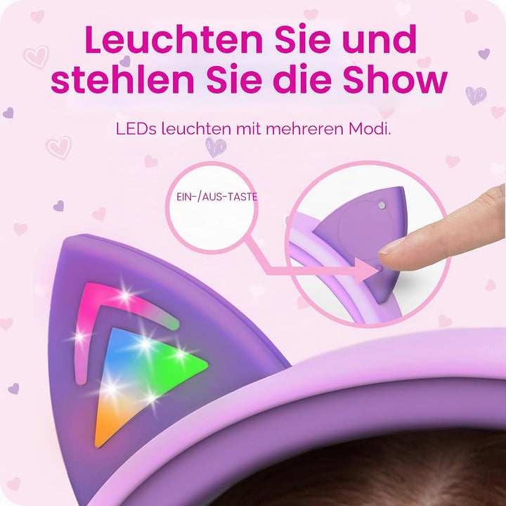 FosPower Kinderkopfhörer mit LED Katzenohren, 85dB Lautstärkebegrenzung, 3.5mm On-Ear Kabelgebundene