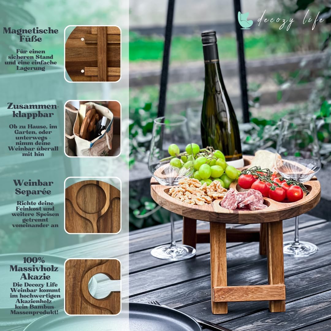 Weintisch Akazie Massivholz - Weinbar & Weintablett für Zuhause oder Outdoor - geeignet als Picknick