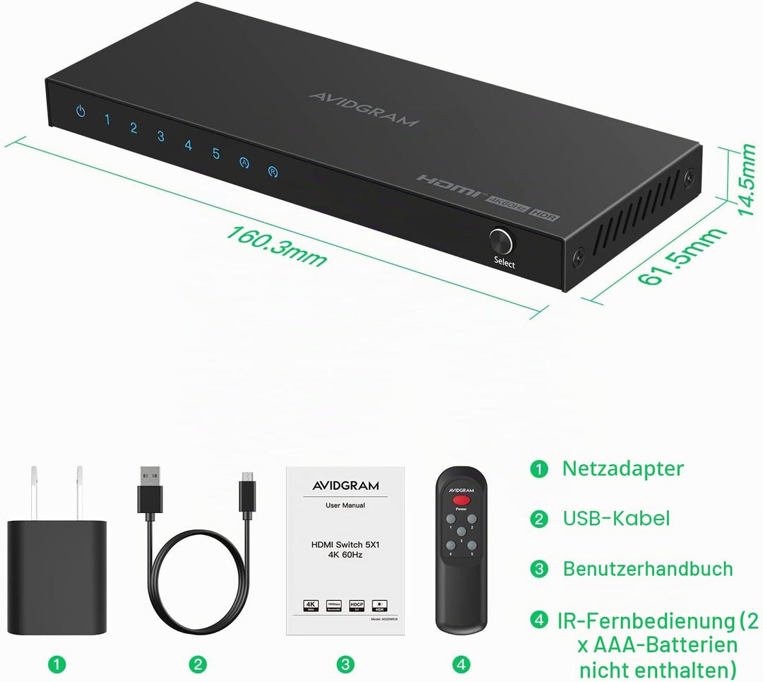 HDMI Switch 4K 60Hz, AVIDGRAM HDMI 2.0 Umschalter 5 in 1 Out, 5 Port HDMI Selector Box with IR Remot