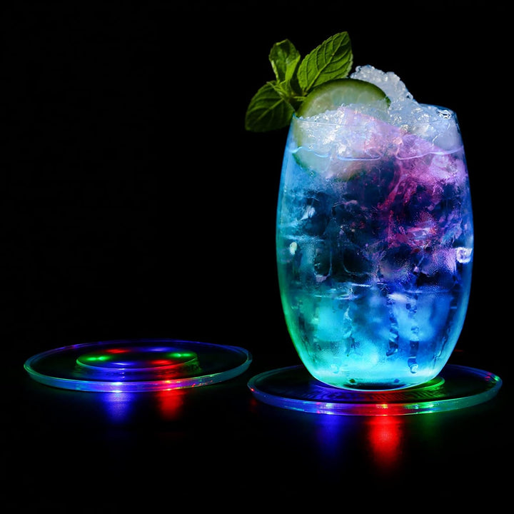 4er-Set Bunt LED Untersetzer für Getränke, ON/Off Wasserdicht Rund Untersetzer Acryl für Gläser Flas