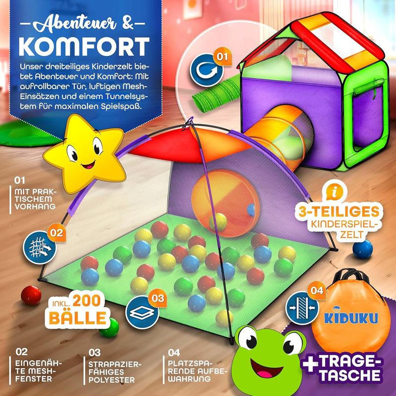 KIDUKU Kinderspielzelt Bällebad Pop Up Spielzelt Iglu Spielhaus + Krabbeltunnel + 200 Bälle + Tasche