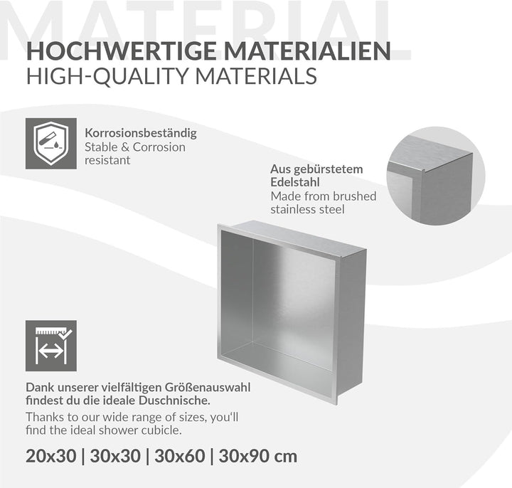 LuxeBath Wandnische aus Edelstahl, 30x30x10 cm, Silber, Duschnische mit Rahmen, Einbauregal, Flexibl