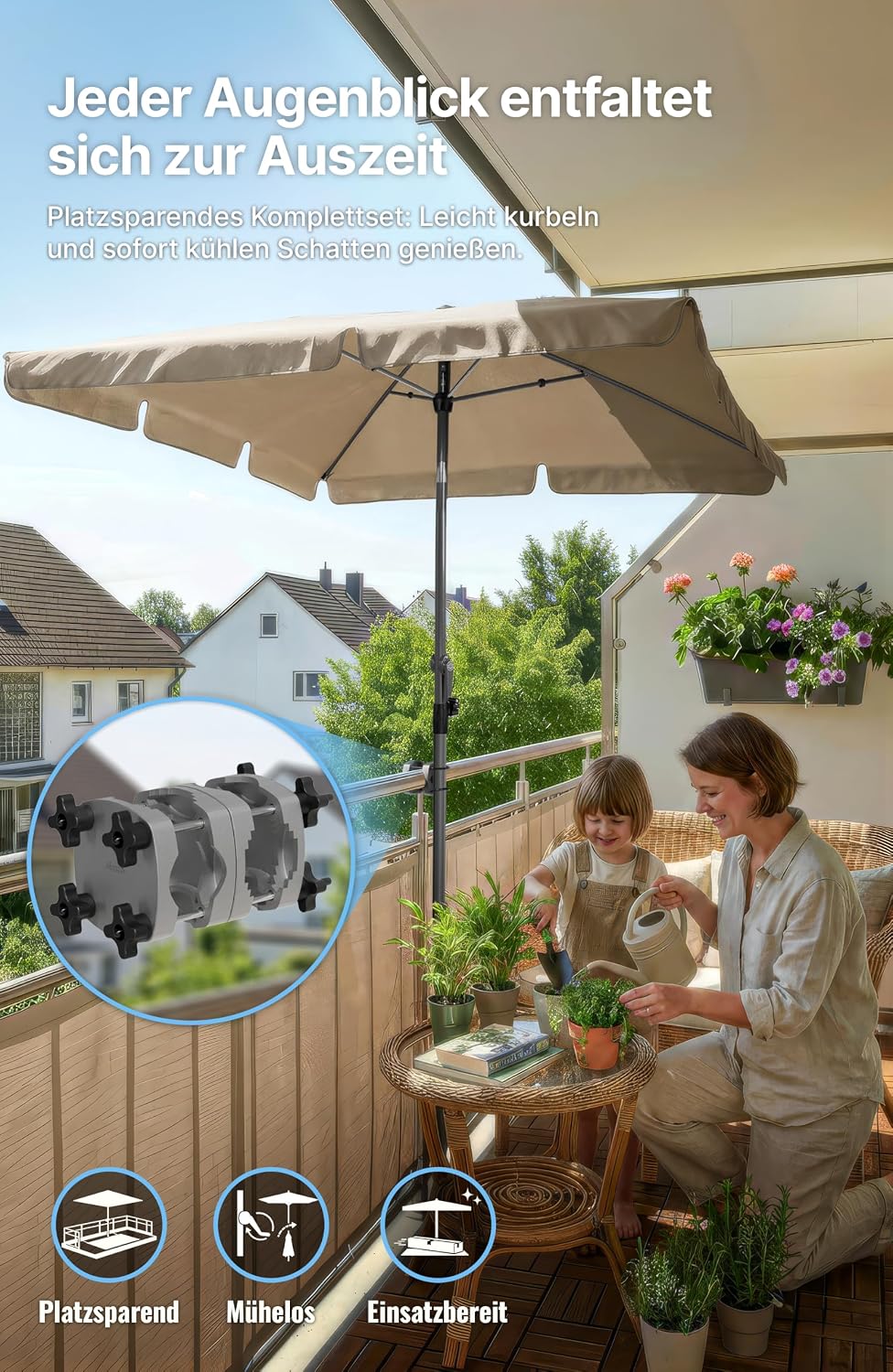 4smile SunnyShade Sonnenschirm Balkon mit Halterung im 3-er-Set, Taupe, 200x125 cm, UV 50+, Balkonsc