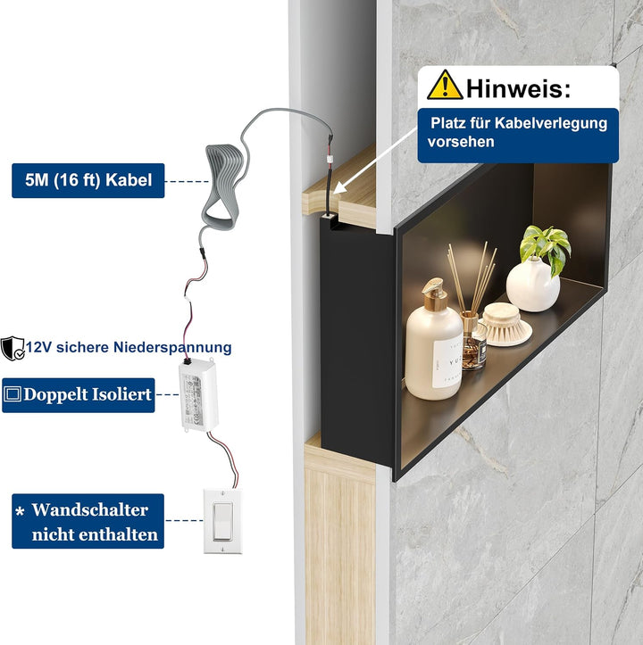 Neohomee Wandnische Dusche Edelstahl mit LED-Licht, Eingebettete Duschnische Schwarz Einzelregal Lag
