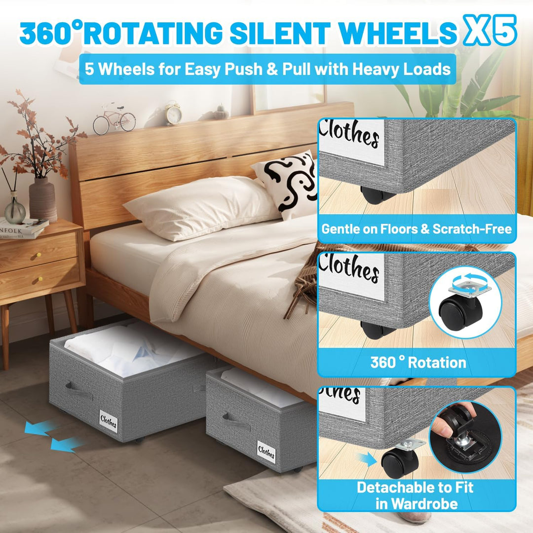 Kukikan Unterbettkommode auf Rollen, 2er Pack 24 cm XXL 60L Rollunterbett Aufbewahrungstasche mit Re