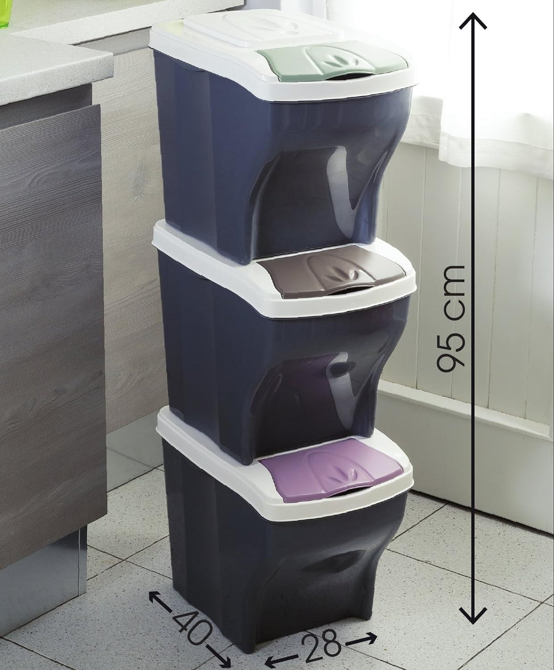 Bama Poker Tris Set Mülltonnen für die Mülltrennung, Sortiert, 28 x 40 x