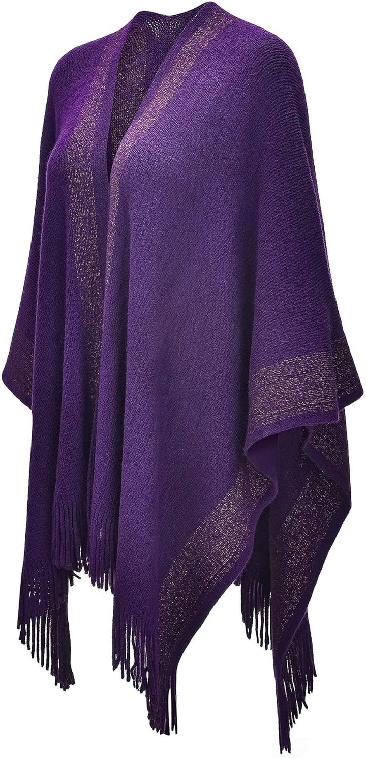 ZLYC Damen Weiche Schlichte Poncho Capes Retro Cardigans Pullover Violett, Violett