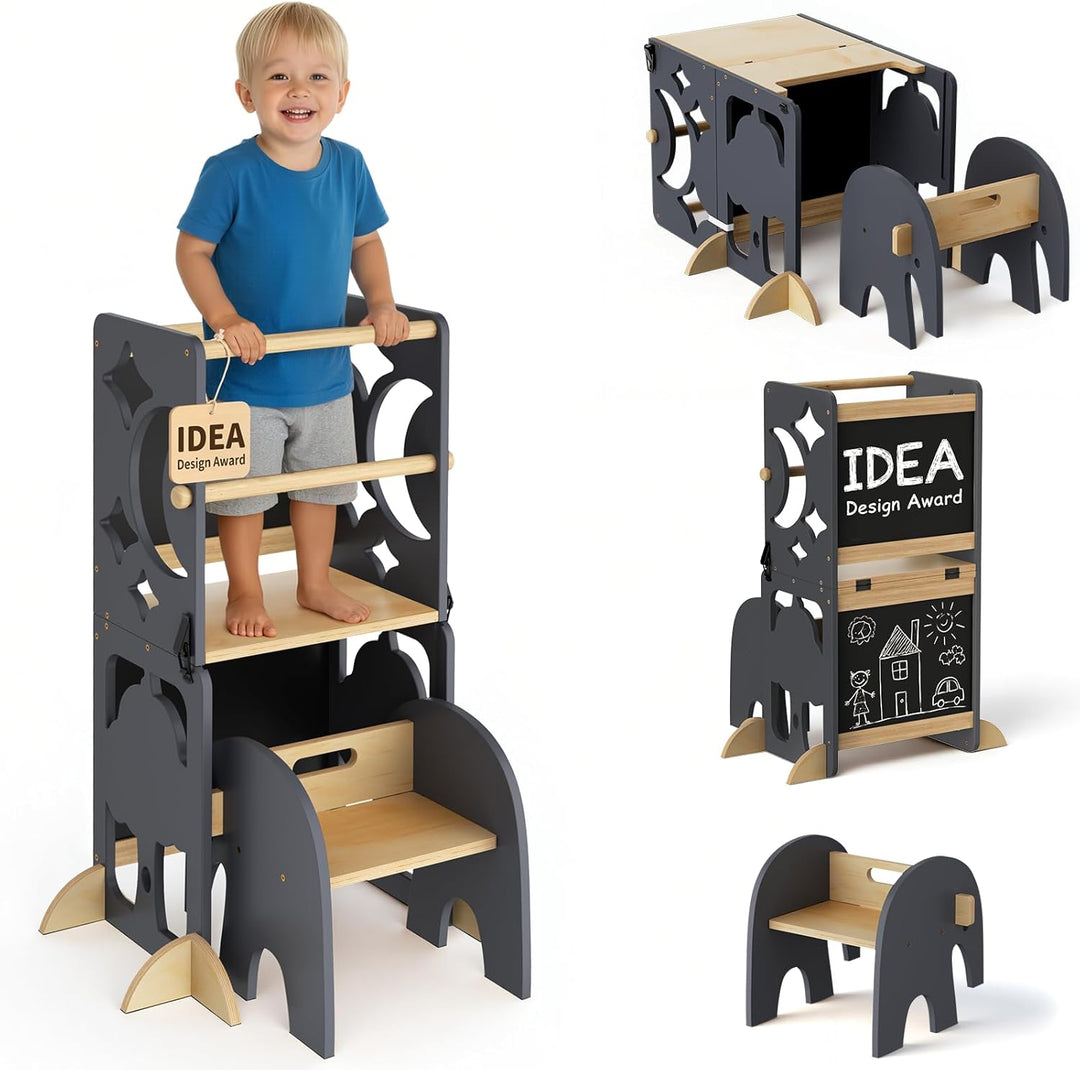 COSYLAND Lernturm ab 1 Jahr, klappbar – 4in1 Lernturm Kinder mit Doppeltafel, Stehhilfe & Schreibtis