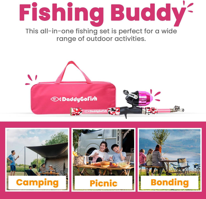 DaddyGoFish Kinder Angelset - Teleskoprute & Rolle Combo mit Klappstuhl, Rutenhalter, Tackle Box, Kö