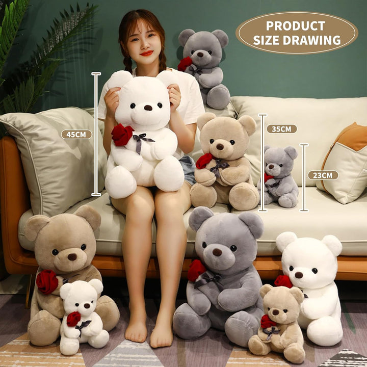 Bocguy Teddybär Plüsch, 23cm Teddybär mit Rose, Stofftier Spielzeug Dekozimmer Kissen für Weihnachte