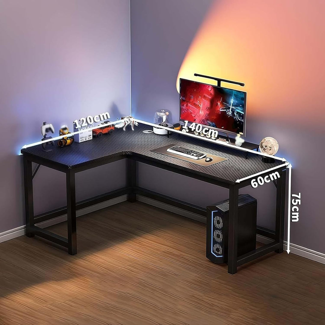 L-shaped computer desk, large executive desk, carbon fibre finish, H-shaped base, cable management,