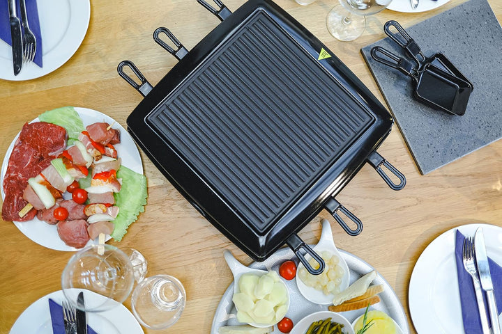 Steba Made in Germany Raclette, Wendbare emaillierte Gusseisen-Grillplatte + Natursteinplatte, 8 Spü